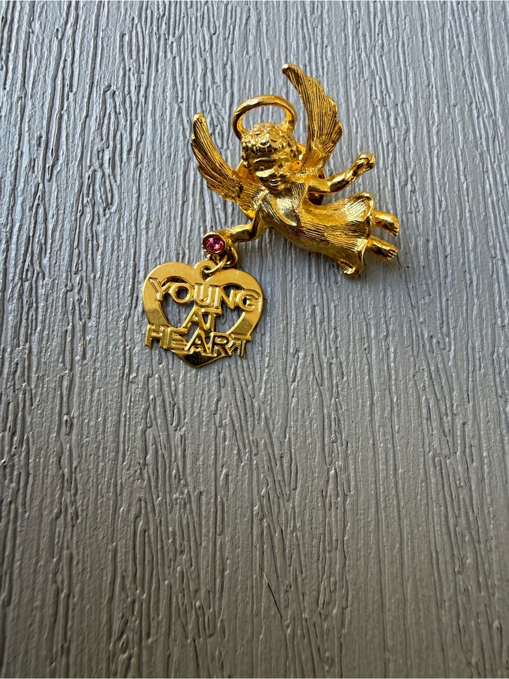 Vintage Angel Brooch Young at Heart Dangle Heart Gold Tone Ballou Back